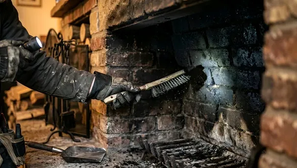 Brushing creosote from a firebox in a Chanhassen home