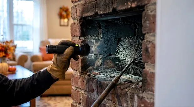 Technician inspecting a fireplace firebox with a flashlight in a Victoria, MN home