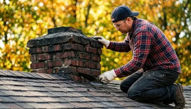 Mason repairing a frost-damaged brick chimney crown on a Chanhassen roof
