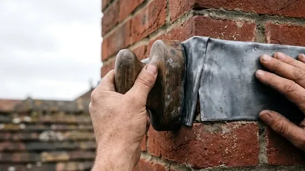 New flashing being sealed where a chimney meets the roof after an ice dam leak