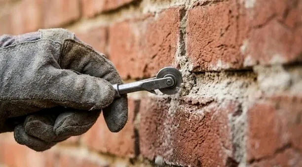 Mason striking new mortar joints into brick worn down by freeze-thaw cycles