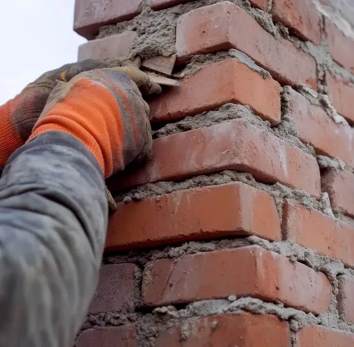 Fresh mortar packed into chimney brick joints during tuckpointing